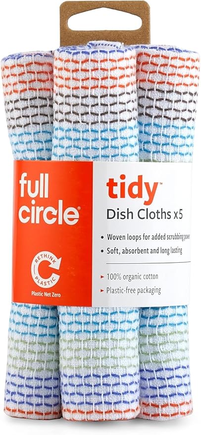 Full Circle Tidy Organic Cotton Dish Cloths – Absorbent, Reusable 100% Cotton Kitchen Towels, Eco-Friendly and Machine Washable, Set of 5, Multicolored