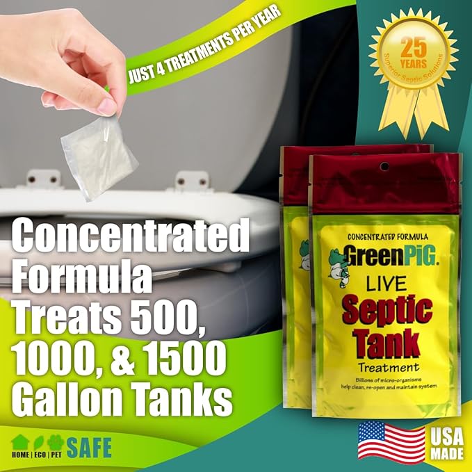 Green Pig Septic Tank Treatment Packets – Septic-Safe Enzyme Treatment for Preventative Maintenance, Helps Prevent Clogs & Odors, 2-Year Supply (8 Packets)