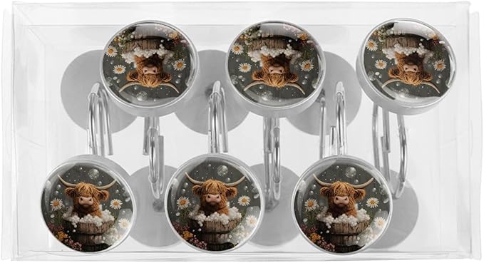 Rural Bathing Highland Cow Shower Curtain Hooks 12Pcs, Decorative Rust Resistant Shower Rings for Shower Curtain Rods, Stainless Steel Round Curtain Hooks for Bathroom, Bedroom, Farmhouse