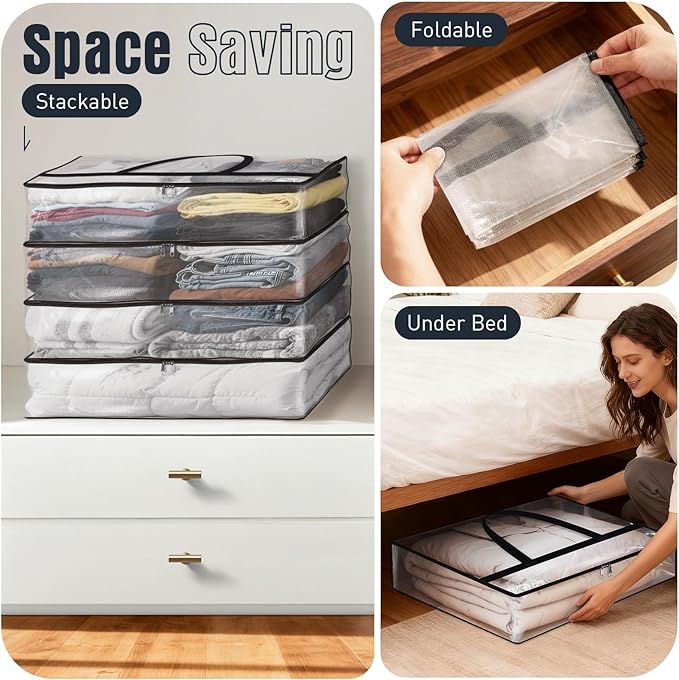 Clear Under Bed Storage Containers - 8 Pack Large Capacity Clothes Storage Bags with Lid & Sturdy Handles, Foldable Moving Bags, Clothing Organizer Totes for Bedding, Comforter, Sheet(90 L)