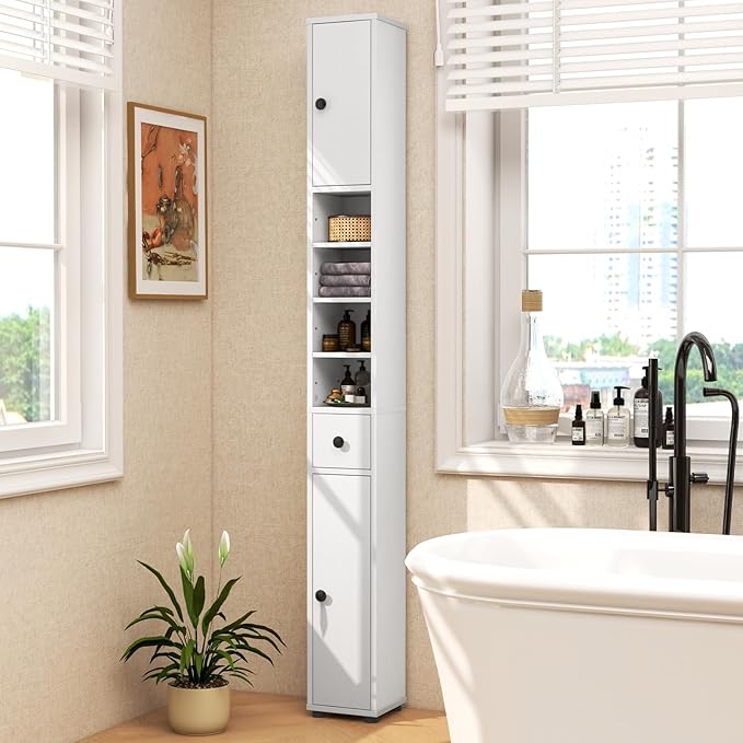 Giantex Slim Bathroom Storage Cabinet - 71” Tall Narrow Floor Cabinet Cupboard with 2 Doors, 5 Adjustable Shelves, 1 Drawer, Anti-Tipping Device, Thin Linen Tower Cabinet for Living Room (2, White)