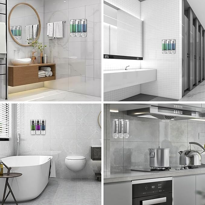 6pcs Shampoo and Conditioner Dispenser No Drill Shower soap Dispenser Wall Mounted 3 Chamber for Bathroom, Kitchen,Hotel Pumps are Easy to use No leaks (Silver)