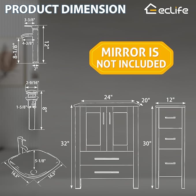 eclife 84" Modern Bathroom Vanity Sink Combo Freestanding Cabinet with Small Side Cabinet, Brown Square Glass Vessel Sink, Water Save Faucet, Drain (Black+A48)