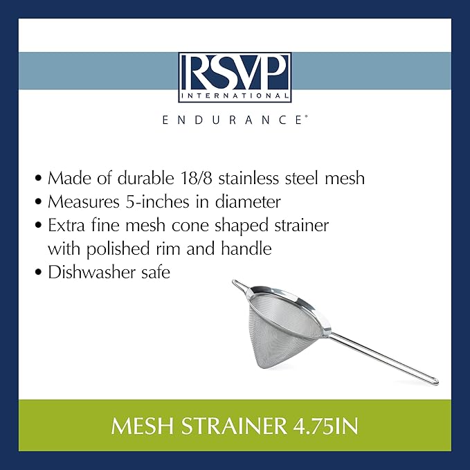 RSVP International Endurance Kitchen Collection, Stainless Steel Fine Mesh Conical Sieve/Colander, Multi-Purpose for Cooking, Baking, Loose Leaf Tea, Bar Strainer Cocktails, 4.75-Inch