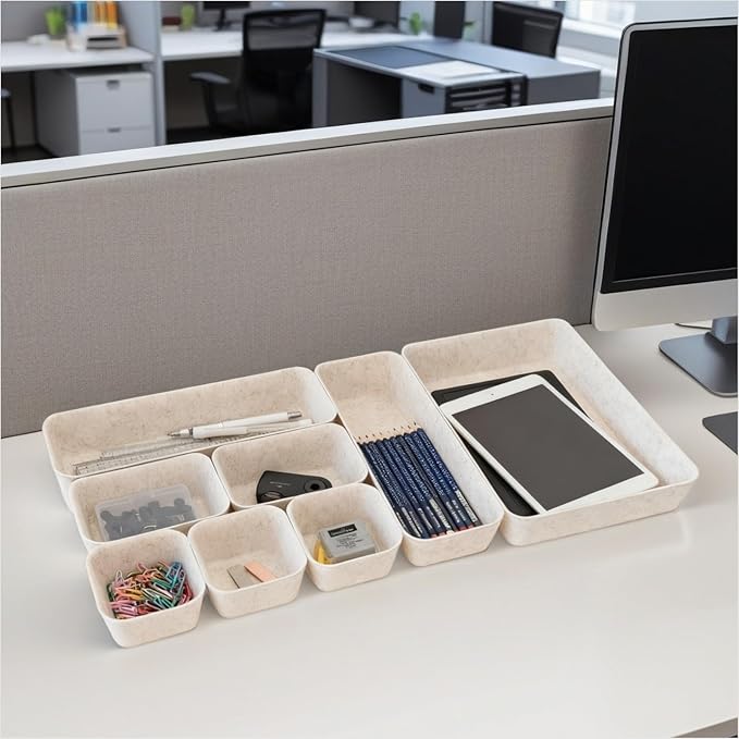 8-Piece Felt Drawer Organizer Set in 4-Sizes, Made from Eco-Friendly Material for Vanity, Makeup, Desk, Office, Kitchen, and Nightstand, Oatmeal