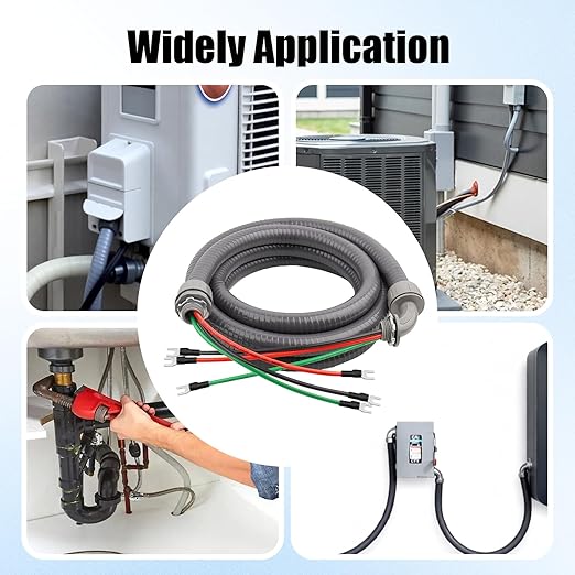 1/2Inch Power Whips Assembly, 4FT Nonmetallic Liquid Tight Flexible Conduit Wire with 3 Conductors 10 Gauge THHN Electrical Wires, A/C Hook-up Whip Kit Electrical Wire(4FTx1/2Inch)