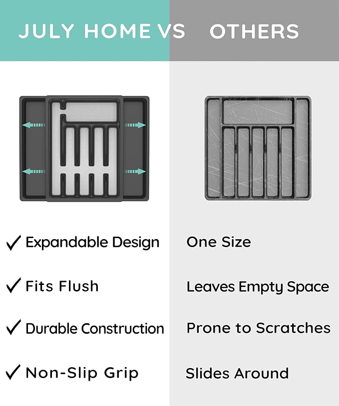 JULY HOME Expandable Kitchen Drawer Organizer - Plastic Flatware Utensil Holder Cutlery Tray Multipurpose Organizer,Tip-Out Trays