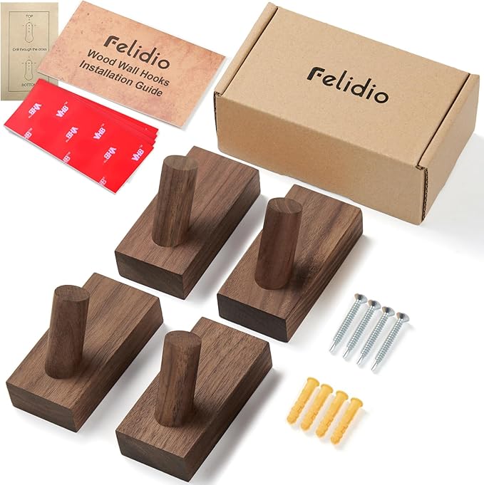Natural Wooden Wall Hooks, Adhesive & Screw Mount Coat and Towel Hooks - Decorative Key Holder, Hat Rack, Stocking Wall Hangers for Bathroom Entryway Closet - 4 Pack, Walnut Wood