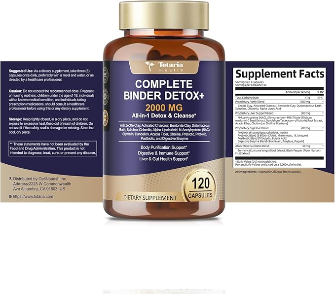 Totaria 2000MG Complete Binder Detox+ Activated Charcoal, Zeolite, Bentonite Clay, NAC, Milk Thistle, Probiotic, All-in-1 Detox & Cleanse Supplement, Liver & Gut Support, 120 Counts