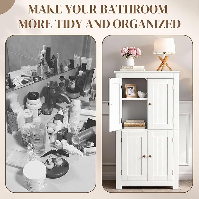 Karl home White Floor Storage Cabinet, Freestanding Storage Unit with 4 Doors, Thin Toilet Organizer for Small Spaces,for Entryway, Bathroom