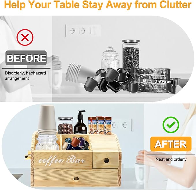 Coffee Station Organizer - Farmhouse Wood Kcup Holder for Counter, Countertop Snack Organizer with Hanging Handles, Suitable for Snacks, Coffee Capsules, Syrups and Various Accessories(Wood)