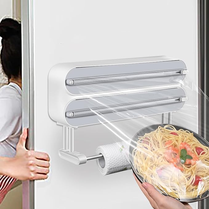 3 in 1 Plastic Wrap Dispenser with Cutter,Magnetic Aluminum Foil and Adhesive Film Organizer, Wall Mount Kitchen Wrap Organizer, Cling Wrap Dispenser with Paper Towel Holder and Cutter