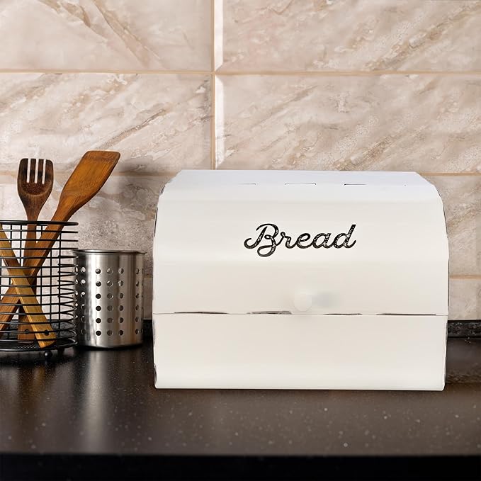 AuldHome Design Large White Bread Box; Farmhouse Enamelware Vintage Style Family Size Countertop Bread Bin