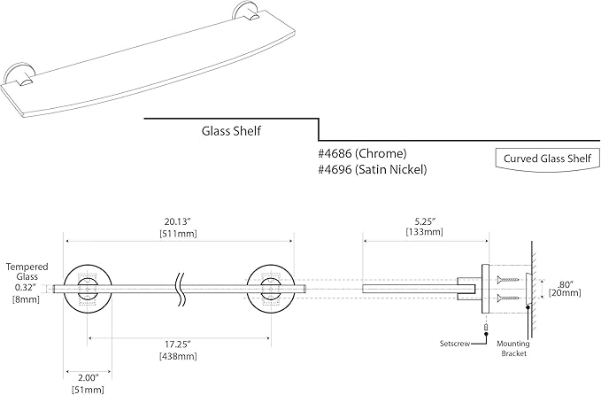 Gatco 4696 Channel Glass Shelf, Satin Nickel/Wall Mounted 20.13" x 5.25" Tempered Glass/Floating Rectangle Glass Shelf for Bathroom