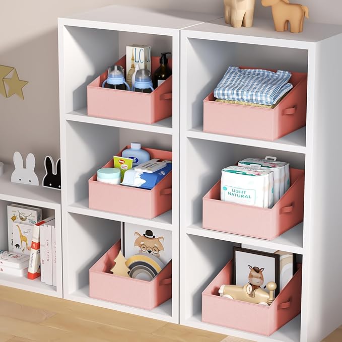 DIMJ Closet Storage Bins - Fabric Storage Baskets for Shelves, Collapsible Clothes Organizer with Handles for Purse, Toys, Books, Towel, Clothes, 6 Pack, Pink