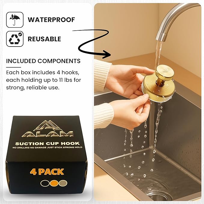 Suction Cup Hooks 4 Pack – Heavy Duty No Drill Bathroom Towel Hooks, Removable Reusable Stainless Steel Shower Wall Hooks for Kitchen, Glass, Door, Bathrobe, Coat & Accessories