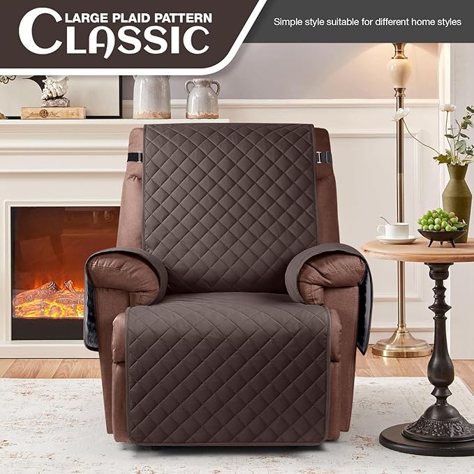 KinCam 100% Waterproof Recliner Chair Cover, Reclining Couch Covers for Pets, Dogs, Recliner Couch Slipcover Furniture Protector with Elastic Straps for Kids(23.6", Chocolate)