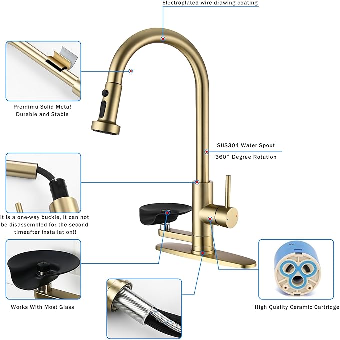 Kitchen Faucet with Glass Rinser, Pull Down Sink Faucet with 3 Spray Modes and High Pressure Glass Rinser, Single Hole 2 in 1 High Arc Stainless Steel Kitchen Faucets (Brushed Golden)