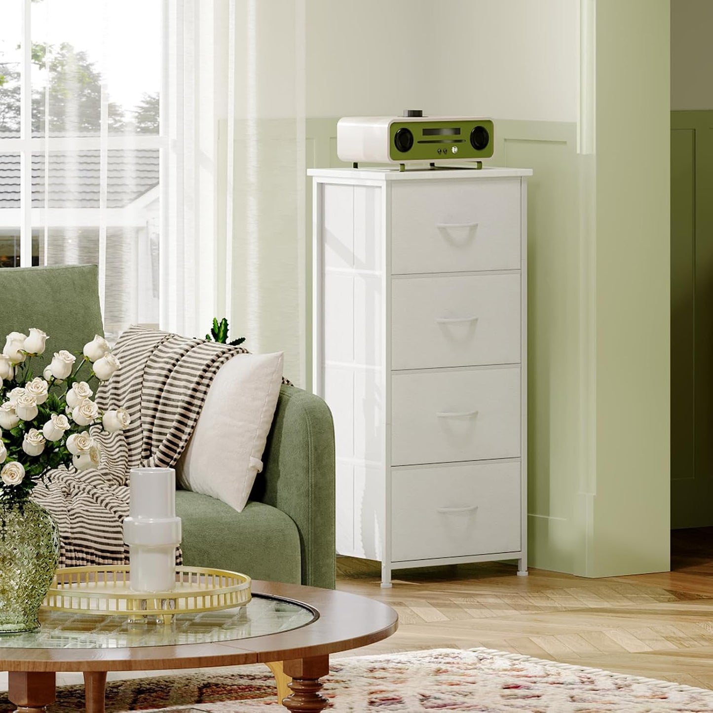 Somdot Dresser for Bedroom, 4 Drawer Storage Cabinet, White | Tall Nightstand Fabric Dresser with Removable Bins, Steel Frame and MDF Wood Top, Closet, Nursery, Dorm or Entryway Storage