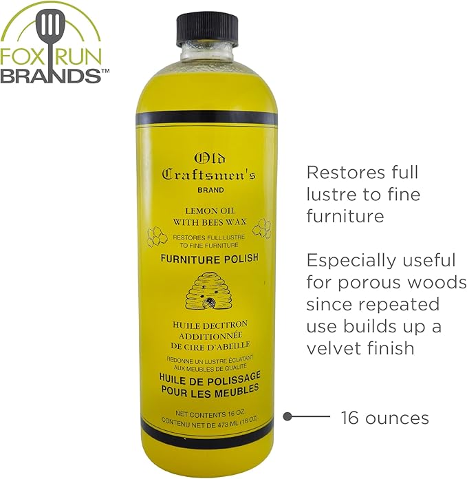 Fox Run Lemon Oil With Beeswax Furniture Polish and Conditioner, 16 ounces, Made in the USA