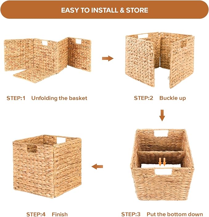 Wicker Storage Cubes, Water Hyacinth Storage Baskets with Handles & Liners, Natural Foldable Square Storage Baskets for Shelves, Wardrobes 10.3x10.3x10.7 Inch, Set of 2