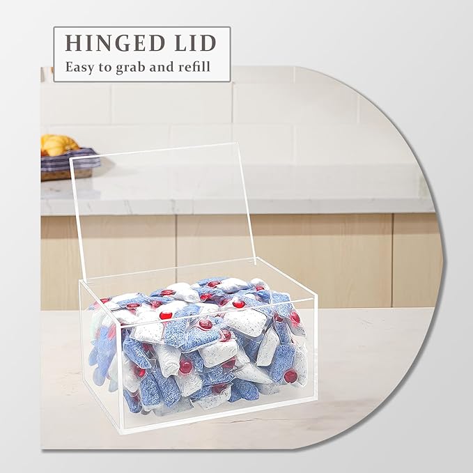 Bigfety Dishwasher Pod Holder Acrylic with Hinged Lid, Modern Style Dishwasher Cleaner Tablets Container Box for Detergent, Clear