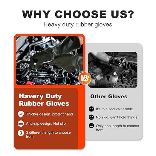 North Tower Heavy Duty Rubber Gloves, Industrial Gloves Waterproof Reusable Protective Work for Cleaning, Dishwashing, Upgraded with Non-Slip Design, Black(18in,2 pair)