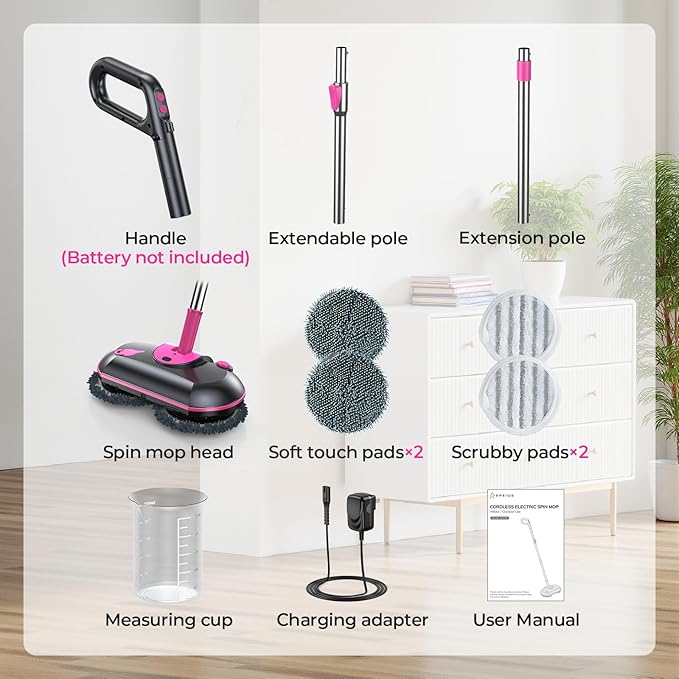 ScrubWiz Cordless Electric Mop, Electric Spin Mop with Water Spray, Powerful Floor Cleaner, Super Quiet Cleaning & Waxing, Pink and Black