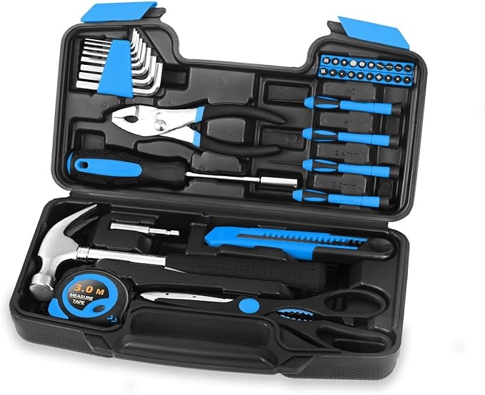 39 Piece Basic Home Tool Set Household Tool kit for Home General Repair Small Hand Tool Kit in Toolbox Storage Case for Home Garage Office College Dormitory Use, Blue