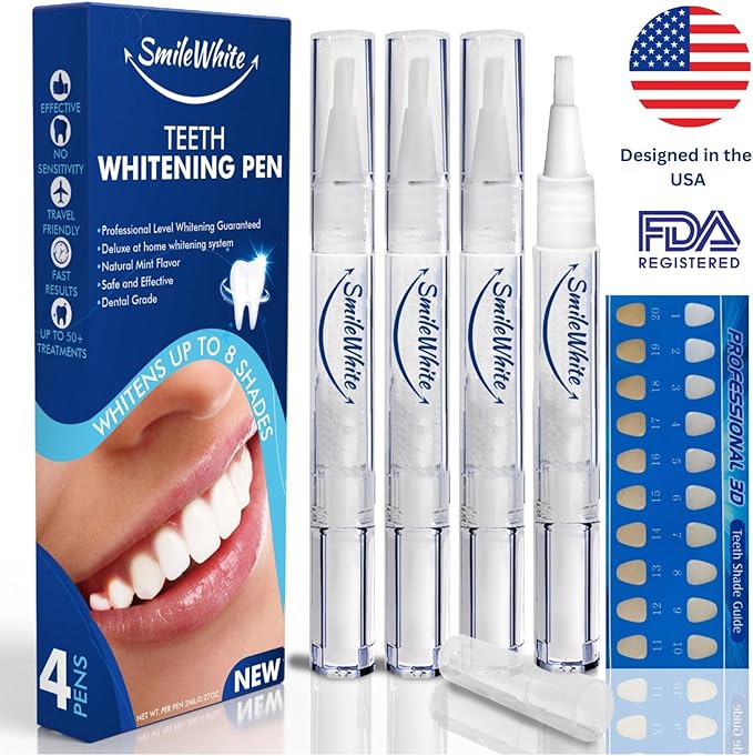 Teeth Whitening Pen (4 Pack), No Sensitivity Teeth Whitening Gel, Best Teeth Whitening Pen, Removes Stains, Effective, Enamel Safe, Fast Results, Travel Friendly, Natural Mint Flavor