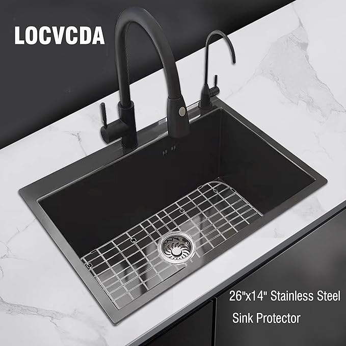 Kitchen Sink Grid 26" x 14", LOCVCDA Sink Protectors for Kitchen Sink with Rear Drain, Sink Bottom Grid, Stainless Steel Sink Protector, Sink Grate for Bottom of Kitchen Sink (26" x 14" - Rear Drain)