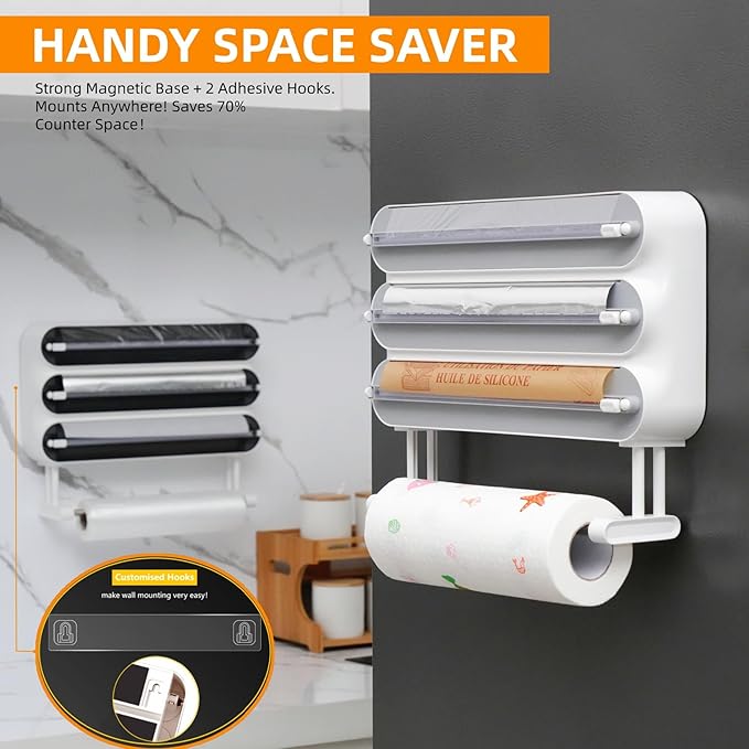 Aluminum Foil & Plastic Wrap Dispenser with Cutter - Magnetic & No-Drill Wall Mount, Cling Film Dispenser with Paper Towel Holder, Space-Saving 4-in-1 Kitchen Organizer - Fits 12" Roll, Black