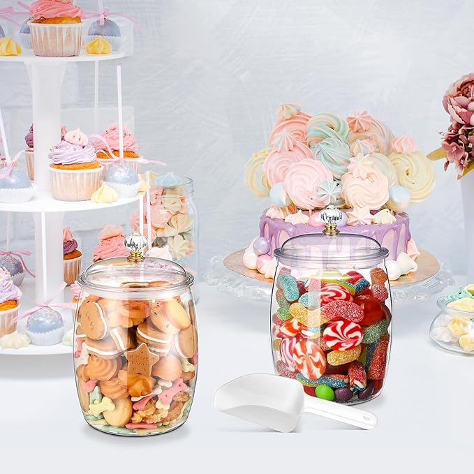 Nuogo 2 Pcs 0.5 Gallon 64 oz Candy & Cookie Jar Plastic Jars with Lids Decorative Apothecary and Candy Buffet Container Clear Airtight Food Storage Canister (Retro Style)