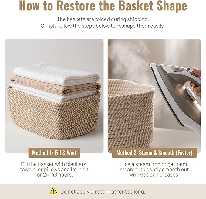 5 Pack Decorative Small Storage Baskets for Shelves, Cotton Rope Woven Basket for Organizing Bathroom, Nursery, Closet, Cabinet, Toys & Socks, Gift Baskets Empty, 11.8"x7.9"x4.7", Khaki