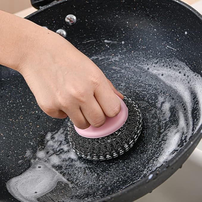 YARNOW 10pcs Stainless Steel Scrubber Metal Sponge Steel Scouring Pad Wire Pot Brush with Handle Kitchen Cleaning Brush for Home Dish Pot Coffee Maker Bowl