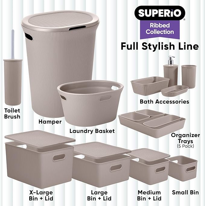 Decorative Plastic Basket Open Home Storage Bins Organizer, Large Taupe (4 Pack) Container Boxes for Organizing Closet Storage Bins for Shelves Drawer Shelf - Ribbed Collection 15 Liter/16 Quart