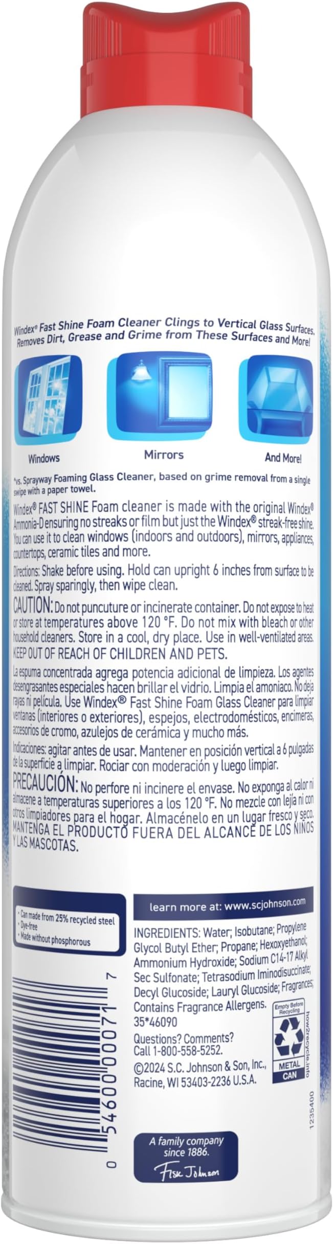Windex Fast Shine Foam Glass Cleaner Supplies, No-Drip Window & Mirror Aerosol Spray, Streak-Free, Removes Fingerprints, Dust, & Dirt, 19 oz (Pack of 6)
