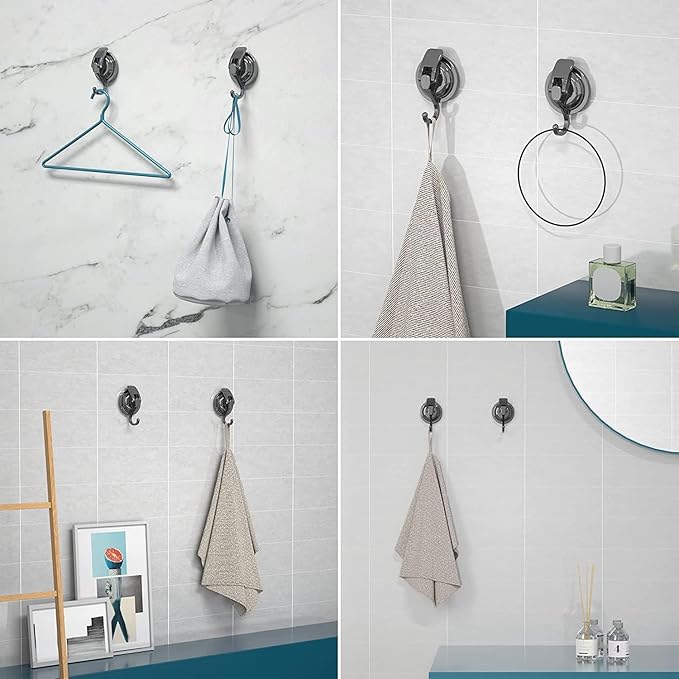 Heavy Duty Vacuum Suction Cup Hooks, Gun Silver Plated Polished Super Suction for Kitchen Bathroom, 2 Pack