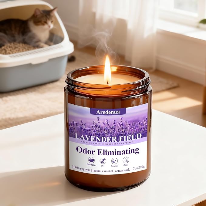 Lavender Odor Eliminating Candles | Eliminates 95% of Pet, Smoke & Bathroom Odors β 7oz Hand Poured Soy Candle - Aromatherapy Stress Relief Scented Candles - Relaxing Gifts for Calm & Fresh Homes