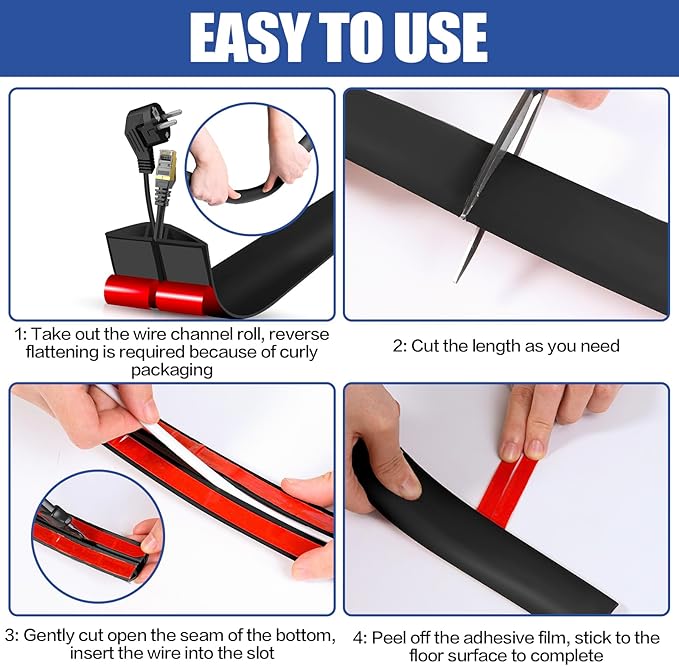 Floor Cord Cover Cavity 0.8"x0.37" Self Adhesive Cord Hider, 10FT Low Profile Cable Management, Extension Strip Protector for Wires, Prevent Cable Trips for Offices, Gyms, Exhibitions(Black)