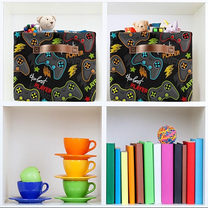 Storage Basket Gamepad Storage Bin Cube with Handles Foldable Storage Baskets for Shelves Living Room Home Decor 2PCS