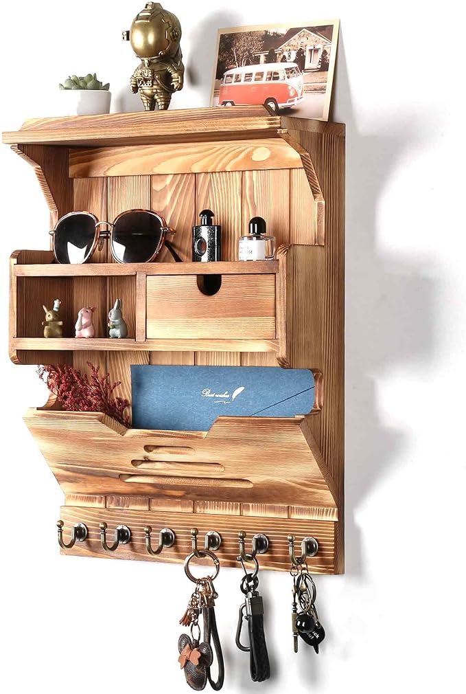 Key Holder for Wall, Elegant Wall-Mounted Mail Organizer with Storage Drawers, Brown