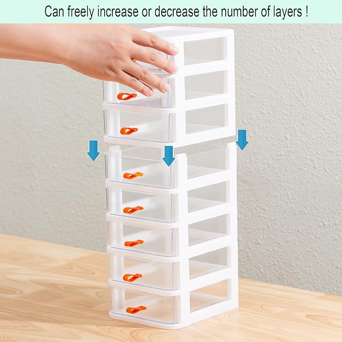 Gagee 4 Pack 3 Drawer Mini Desktop Unit,Plastic dressers with drawers for Arts and Crafts, Small Tools, Sewing Accessories, Stationary, and Hardware,Clear/White Frame