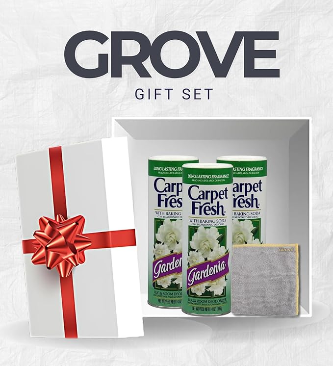 3x Carpet Fresh Gardenia Scent Carpet Odor Eliminator 14 oz Powder Bundle with Microfiber Cleaning Cloth β Eliminates Pet Odors, Provides Long-Lasting Fragrance β Gift Set (4 Items)