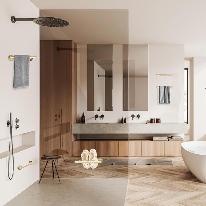 9 Inch #304 SUS Over The Door Towel Racks Wall Mounted,Self Adhesive Brushed Gold Bathroom Accessories, Small Bathroom Organizer & Dish Towel Holder&Shower Shoe Shelves