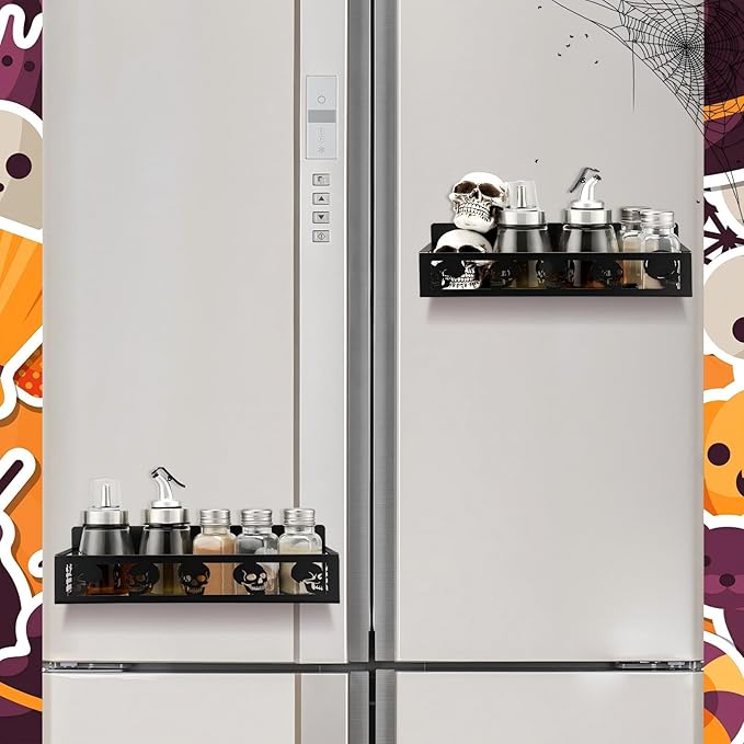 2 Pack Skull Head Magnetic Spice Rack for Refrigerator Metal Magnet Basket Shelf for Fridge Seasoning Storage Organizers Home Decor Kitchen Accessories (Black)