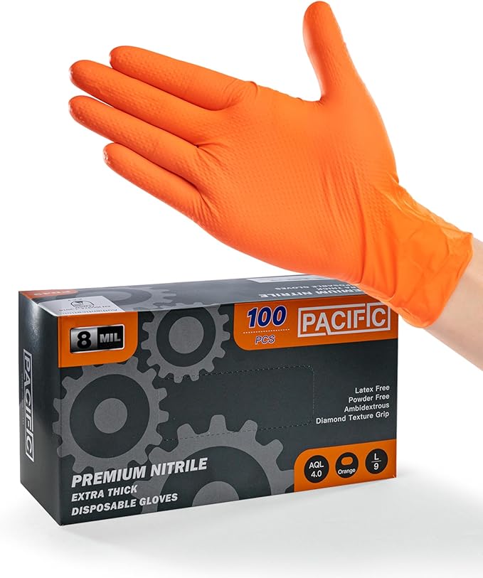 PACIFIC PPE 8 Mil Heavy-Duty Strength Nitrile Gloves, Chemical Resistant, Diamond Texture Industrial Disposable Gloves, Orange, 100PCs, XX-Large