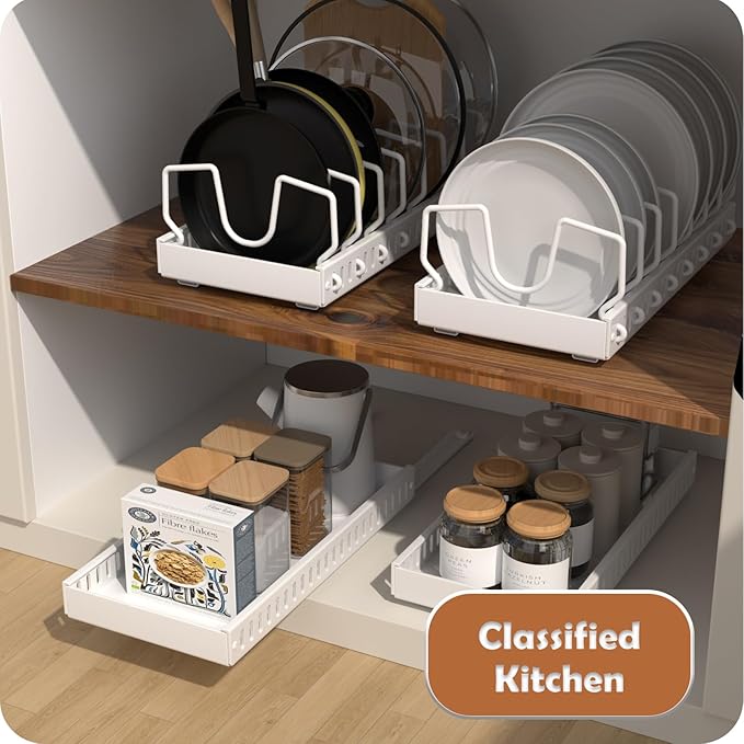 Pots and Pans Organizer Under Cabinet, Sliding Lid Holder and Pan Rack in Kitchen, Slide Out inside Cabinet Storage for Pot Lid, Bakeware, Dishes, 8 Adjustable Dividers, 1 Pack White