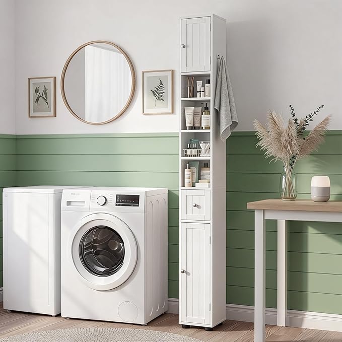 Karl home White Narrow Floor Storage Cabinet, Freestanding Storage Unit with 1 Drawers & 2 Doors, Thin Toilet Organizer for Small Spaces,for Entryway, Bathroom