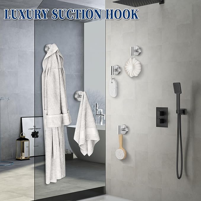 Suction Cup Hooks No Drill Stainless Steel Shower Hooks Towel Hook Robe Hook Heavy Duty on Smooth and Non-Porous Surfaces in Bathrooms Kitchen Bedroom (2, Brushed Nickel)